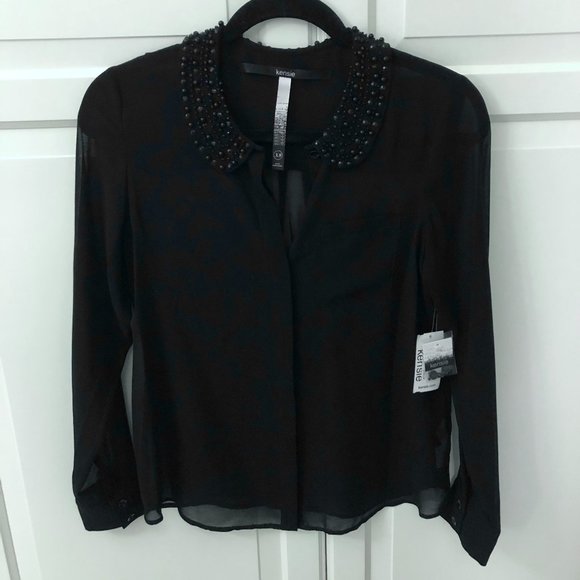 KENSIE Sheer Black Beaded Collar Blouse - Picture 3 of 4